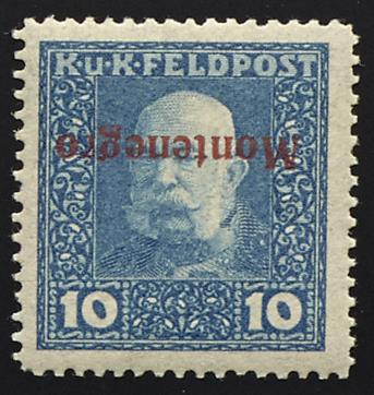 ** - Österr. Feldpost Ausgabe für Montenegro Nr. I e (10 Heller blau) mit kopfstehendem rotem Aufdruck - Známky
