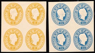 (*) - Österr. Neudruck-Bogenproben 1884 der Öster. 18/22 je im ungezähnten Viererblock, - Briefmarken
