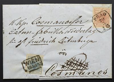 Poststück - Österr. 1852 - Brief von Wien nach Prag und weiter nach Cosmanos frank. mit 9 Kreuzer (Nr. 5 H I) + 3 H I, - Stamps