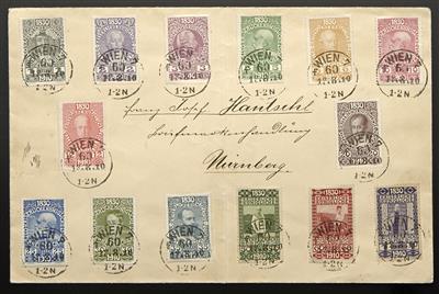 Poststück - Österr. Nr. 161/74 (Ausgabe 1910 bis 1 K) auf Satzbrief mit Stempeln WIEN 7/60/18.8.10 (= Ersttag), - Stamps