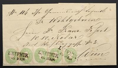 Poststück - Österr. Nr. 19 (1 Dreierstreifen + 1 Paar) auf kpl. Faltbrief mit Stempeln LEIPNIK nach Wien aus 1864, - Známky