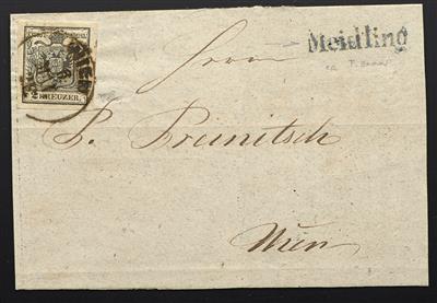 Poststück - Österr. Nr. 2 H I b breitrandig auf gr. Briefteil mit Stempel WIEN und nebengesetztem "Meidling" in blaugrün, - Briefmarken