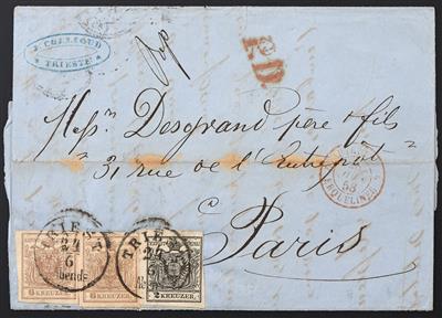 Poststück - Österr. Nr. 2 M III + 4 M III (2) auf Faltbrief mit Stempeln TRIEST nach Paris vom 24.6.1858, - Briefmarken