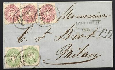 Poststück - Österr. Nr. 25 (2) + 32 (3) als Mischfrankatur auf Briefhülle von TRIEST nach Milano aus 1864, - Stamps