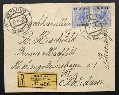 Poststück - Österr. Post in der Levante Nr. 45 (Paar) auf Reko brief von METELINO nach Potsdam vom 5.2.1906, - Briefmarken