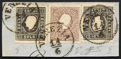 Ú - Lombardei-Venetien Nr. 7 II tiefschwarz (2) + 10 II auf Briefstück mit Stempeln VENEZIA, - Stamps