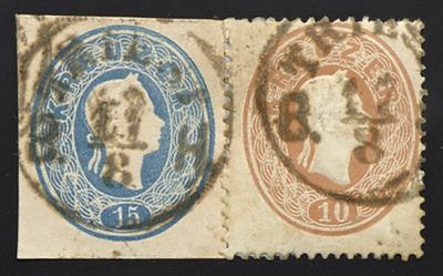 Ú - Österr. Ausgabe 1861 Ganzsachenausschnitt zu 15 Kreuzer blau + Nr. 21 auf Restunterlage mit Stempeln TRIEST, - Stamps