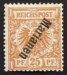 * - D. Kolonien Marianen Nr. 5 b II K (25 Pfennig dunkelorange) mit kopfstehendem Aufdruck, - Briefmarken