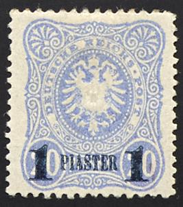 * - D. Post in der Türkei Nr. 3 b (1 Piaster auf 20 Pfg. mittel- bis lebhaftultramarin) mit blauschwarzem Aufdruck, - Briefmarken