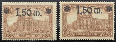 ** - D.Reich Nr. 117 PF I ("1" des Aufdr. "1,50" mit breitem Kopf) und 117 mit Plattenf. rechts Kerbe im "M", - Stamps