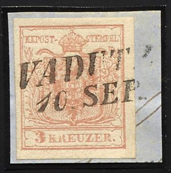 Briefstück - Österr. Nr. 3 M mit zweizeiligem Langstempel VADUTZ/10. SEP., - Známky