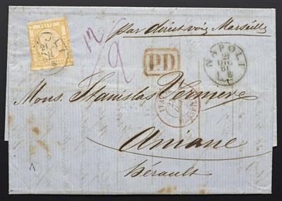 Poststück - Italien Nr. 7 auf Faltbrief von Napoli über Montpellier nach Aniane/Frankreich aus 1861, - Francobolli