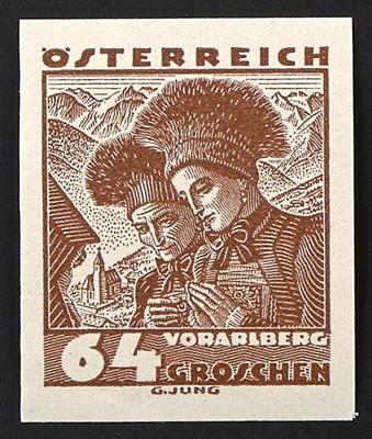 ** - Österr. Nr. 582 PU II (Trachten I - 64 Gr. ungezähnt in Probefarbe dunkelorangebraun), - Známky