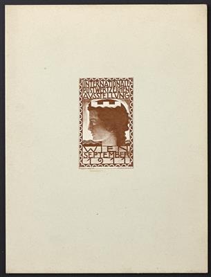 * - Österr. Probe der Ausstellungsmarke (Vignette) 1911 in Braun ungezähnt auf Karton aufgeklebt als Vorlage, - Známky