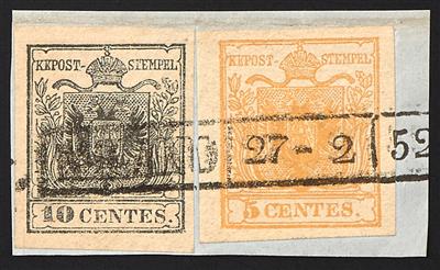 Briefstück - Lombardei-Venetien Nr. 1 gelborange + 2 H Ib schwarz, - Známky