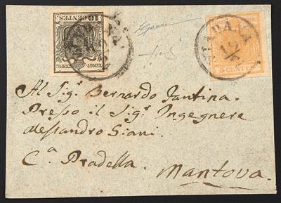 Briefstück - Lombardei-Venetien Nr. 1 ockergelb + 2 H Ia schwarz, - Známky
