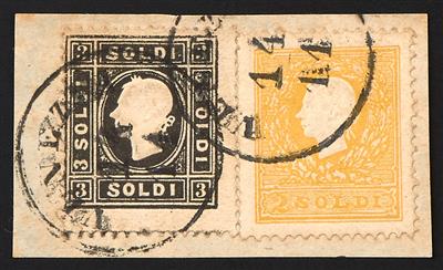 Briefstück - Lombardei-Venetien Nr. 6 II + 7 II als patriotische Frankatur auf Briefstück mit Stempeln VENEZIA, - Známky