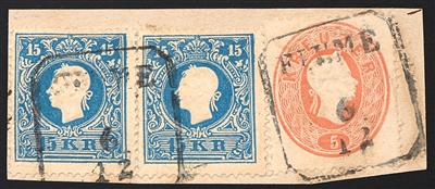 Briefstück - Österr. Nr. 15 II (2 Stück) + 20 zusammen als Mischfrankatur mit Stempeln FIUME, - Známky