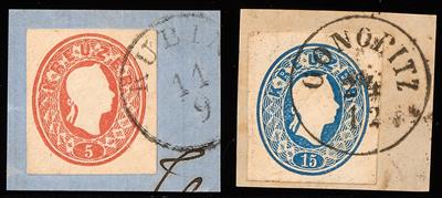 Briefstück - Österreich Ausgabe 1860/1861 Ganzsachenausschnitte 5 Kreuzer rot und 15 Kreuzer blau, - Briefmarken