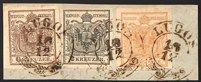 Briefstück - Österreich Nr. 1 H Ia + 2 H Ia + 4 H Ia, als Drei-Farben-Buntfrankatur - Briefmarken