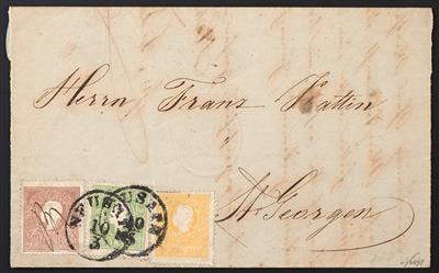 Briefstück - Österreich Nr. 10 II + 12 a + 14 II, als Drei-Farben-Frankatur - Známky
