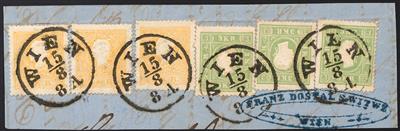 Briefstück - Österreich Nr. 10 II gelb (3) + 12 a grün (3) als Zwei-Farben-Mehrfachfrankatur - Známky