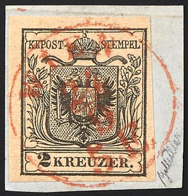 Briefstück - Österreich Nr. 2 H Ia, schwarz, mit komplettem Abschlag des Einkreis gestempelt "WIEN 24/9 5. E." in ROT - Briefmarken