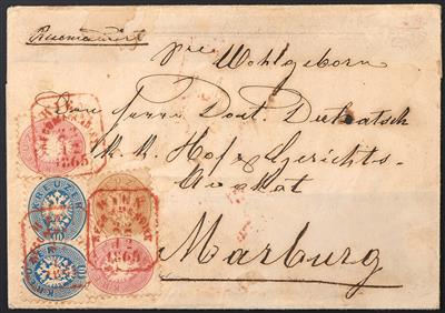 Briefstück - Österreich Nr. 32 (2) +33(2) + 34 zusammen auf Faltbrief-Vorderseite, - Briefmarken