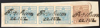 Briefstück - Österreich Nr. 5 H I im waagrechten VIERERSTREIFEN mit rechts kurzem Andreaskreuzansatz + Nr. 4 H Ia, - Stamps