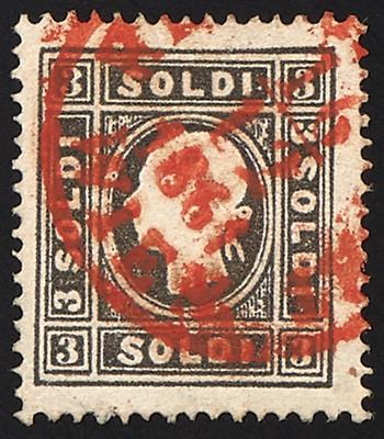 gestempelt - Lombardei-Venetien Nr. 7 II, schwarz, mit Teilabschlag des Wiener Einkreis-Rekommandations gestempelt in ROT - Briefmarken