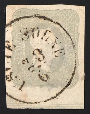 gestempelt - Österr. Nr. 23 hellgrau mit 6 mm unterem Bogenrand und Randleiste (Striche), Teilstempel USCIE SOLNE - Briefmarken