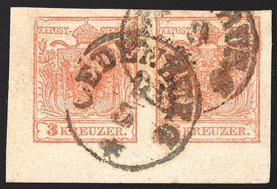 gestempelt - Österr. Nr. 3 M III a, waagrechtes PAAR von der linken unteren Bogenecke - Briefmarken