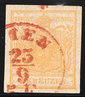 gestempelt - Österreich Nr. 1 H Ia, ockergelb, mit Großteil des Einkreis gestempelt "(W) IEN 23/9 (5. E.)" in ROT - Stamps