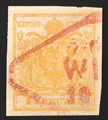 gestempelt - Österreich Nr. 1 M III, gelb, mit rautenförmigem wiener Teilabschlag in ROT - Briefmarken