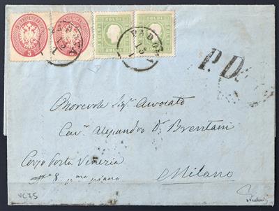 Poststück - Lombardei-Venetien Nr. 8 a (2 Stück) + 16 b (Paar) als Mischfrankatur auf Faltbrief von PADOVA nach Milano, - Stamps