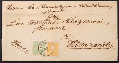 Poststück - Österr. Nr. 10 II + 12 zusammen auf Briefhülle mit Stempel BOSKOWITZ (Mähren) nach Tischnowitz, - Briefmarken