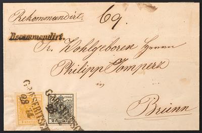 Poststück - Österreich Nr. 1 H III kadmiumgelb + Nr. 2 H III schwarz, als Buntfrankatur - Stamps