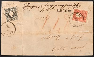 Poststück - Österreich Nr. 11 I/Type Ib (beide "R" verstümmelt) schwarz siegelseitig + Nr. 13 II/I rot anschriftseitig, - Stamps