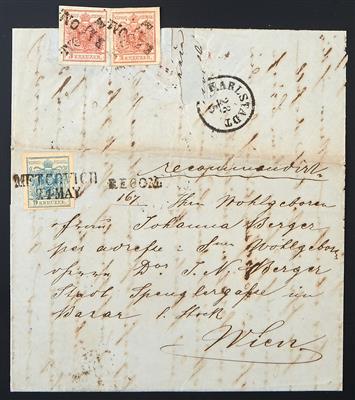 Poststück - Österreich Nr. 5 H IIIa + siegelseitig Nr. 3 H IIIa (2) auf rekommandiertem Faltbrief von Metkovich über Knin, - Stamps