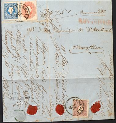 Poststück - Venetien Nr. 11 II + 12 anschriftseitig + Nr. 10 II siegelseitig als Mischfrankatur - Francobolli
