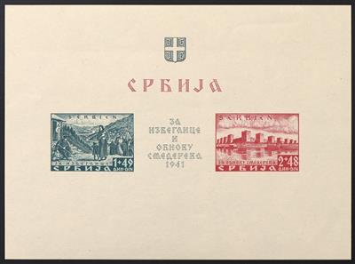 ** - D. Bes. Serbien Bl. Nr. 1und 2 I (Farbpunkt rechts in der "4" in "1941" im Zierfeld), - Francobolli