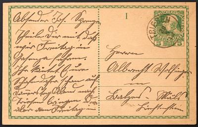 Poststück - Liechtenstein Vor- und Mitläufer Ausgaben 1908/1918 Ganzsachen Postkarte 5 Heller grün (KFJ) Frageteil - Briefmarken