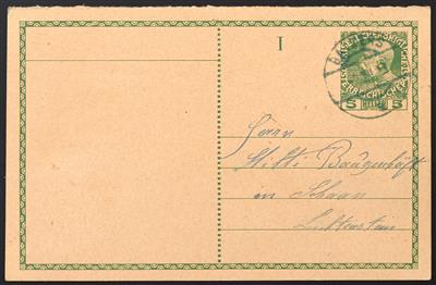 Poststück - Liechtenstein Vor- und Mitläufer Ausgaben 1908/1918 Ganzsachen Postkarte 5 Heller grün (KFJ) Frageteil - Stamps