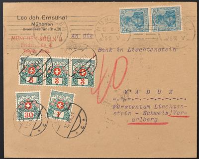 Poststück - Schweizer Marken in Liechtenstein verwendet Schweiz Portomarken Nr. 29 + 36 + 30 (im Dreierstreifen), - Stamps