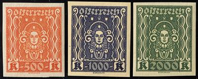 ** - Österr. 1922/24 - Freim. Ausg. "Frauenkopf" - 20 Kr. bis 2000 Kr. 8 versch. Werte ungezähnte Vorlagestücke, - Stamps