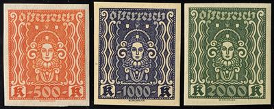 ** - Österr. 1922/24 - Freim. Ausg. "Frauenkopf" - 20 Kr. bis 2000 Kr. 8 versch. Werte ungezähnte Vorlagestücke, - Známky