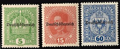 * Österr. Freim. 1918/19 - 5H,15 H u. 60 Heller mit waagr. Probeaufdr. "Deutschösterreich" (Nr. 229, - Stamps