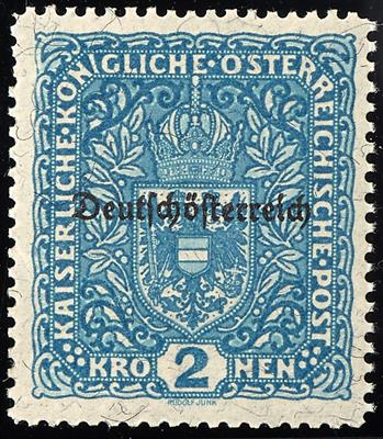 * Österr. Freim. 1919 - 2 Kronen mit waagr. Probeaufdr. "Deutschösterr" (Nr. 243 II A) in  d. Mitte der Marke, - Známky