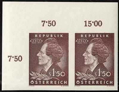 ** - Österr. Nr. 1120U (Gustav Mahler) im waagrechten Paar von der linken oberen Bogenecke, - Francobolli