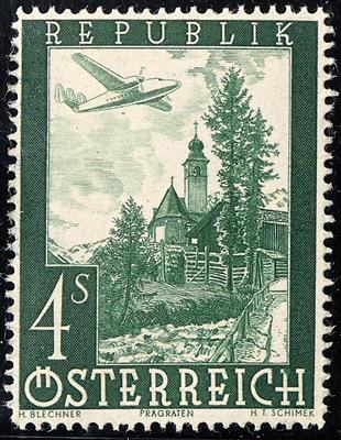 * - Österr. Nr. 826 P II (ANK Nr. 824 P II) (1947 Flugpost 4 S) Farbprobe in grün in LZ 14 1/2, - Známky